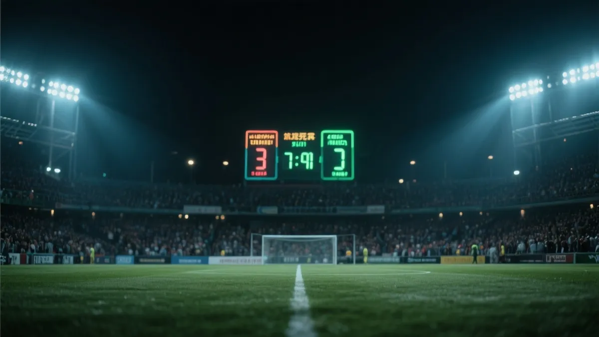 夜晚球场与记分牌的电影感画面，体现末轮算分与悬念